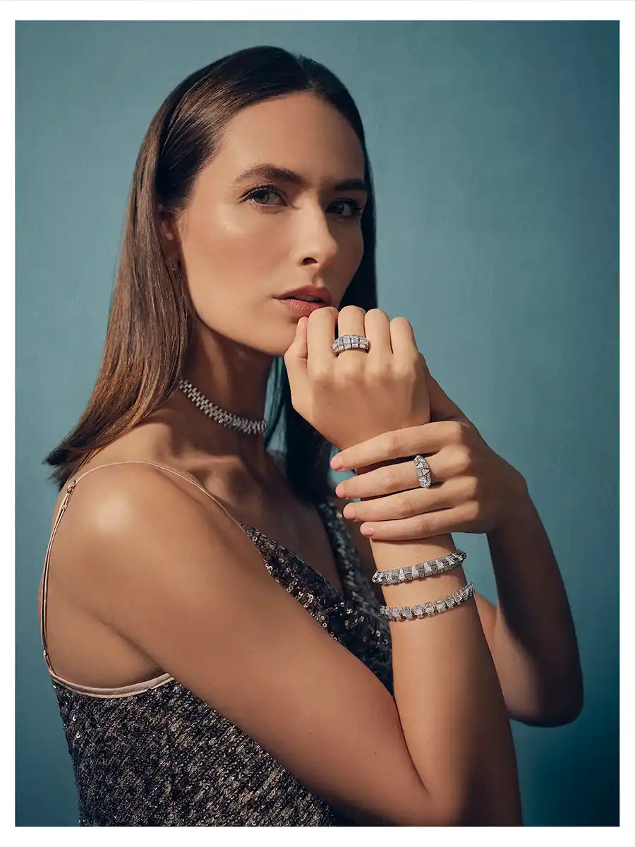 Polina fashion shoot - Model in blue dress, alternative angle, high-fashion photography